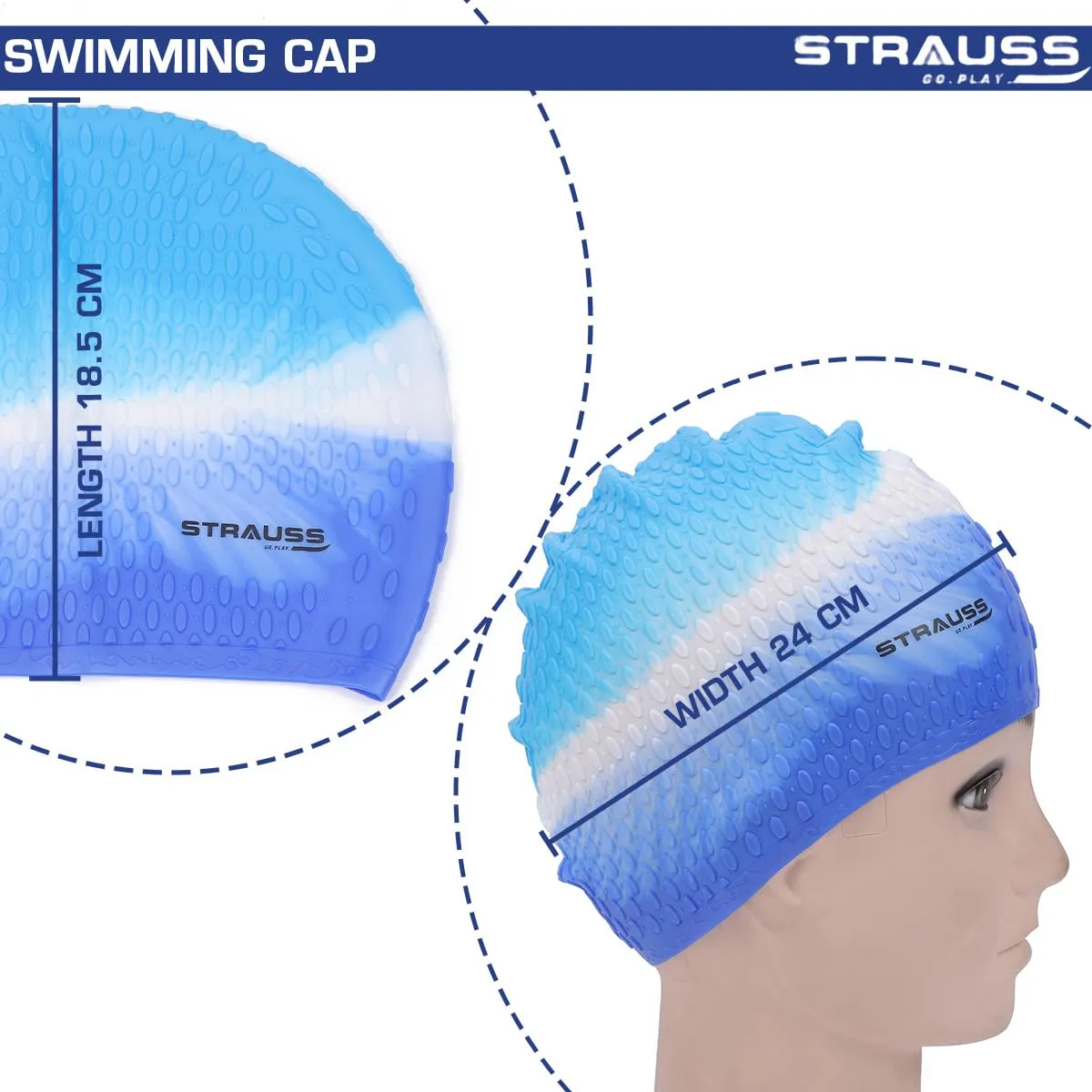 Strauss Latest Designed Swimming Cap |Keeps Hair Clean with Ear Protector|Suitable for Long and Short Hair|Swimming Head Cap with Breathable Fabric|Waterproof Swim Cap for Adult, Woman and Men,(Blue)