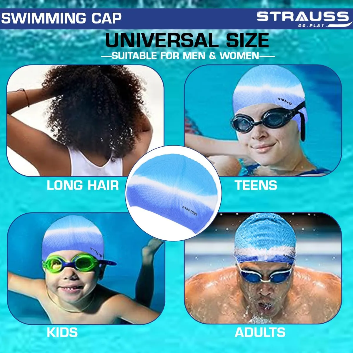 Strauss Latest Designed Swimming Cap |Keeps Hair Clean with Ear Protector|Suitable for Long and Short Hair|Swimming Head Cap with Breathable Fabric|Waterproof Swim Cap for Adult, Woman and Men,(Blue)