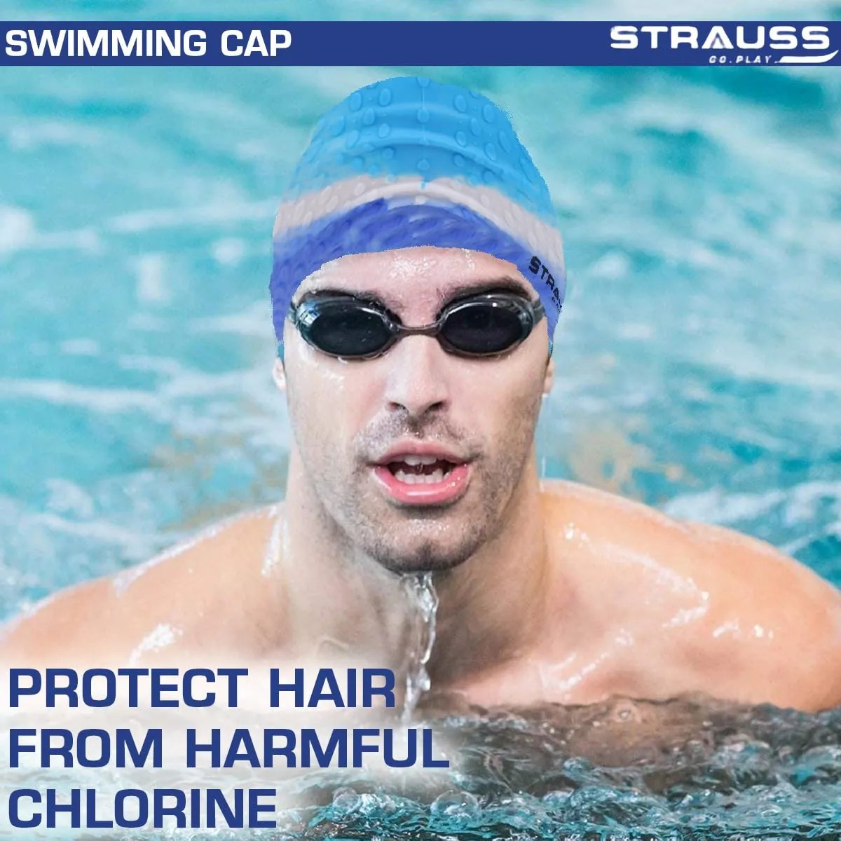 Strauss Latest Designed Swimming Cap |Keeps Hair Clean with Ear Protector|Suitable for Long and Short Hair|Swimming Head Cap with Breathable Fabric|Waterproof Swim Cap for Adult, Woman and Men,(Blue)