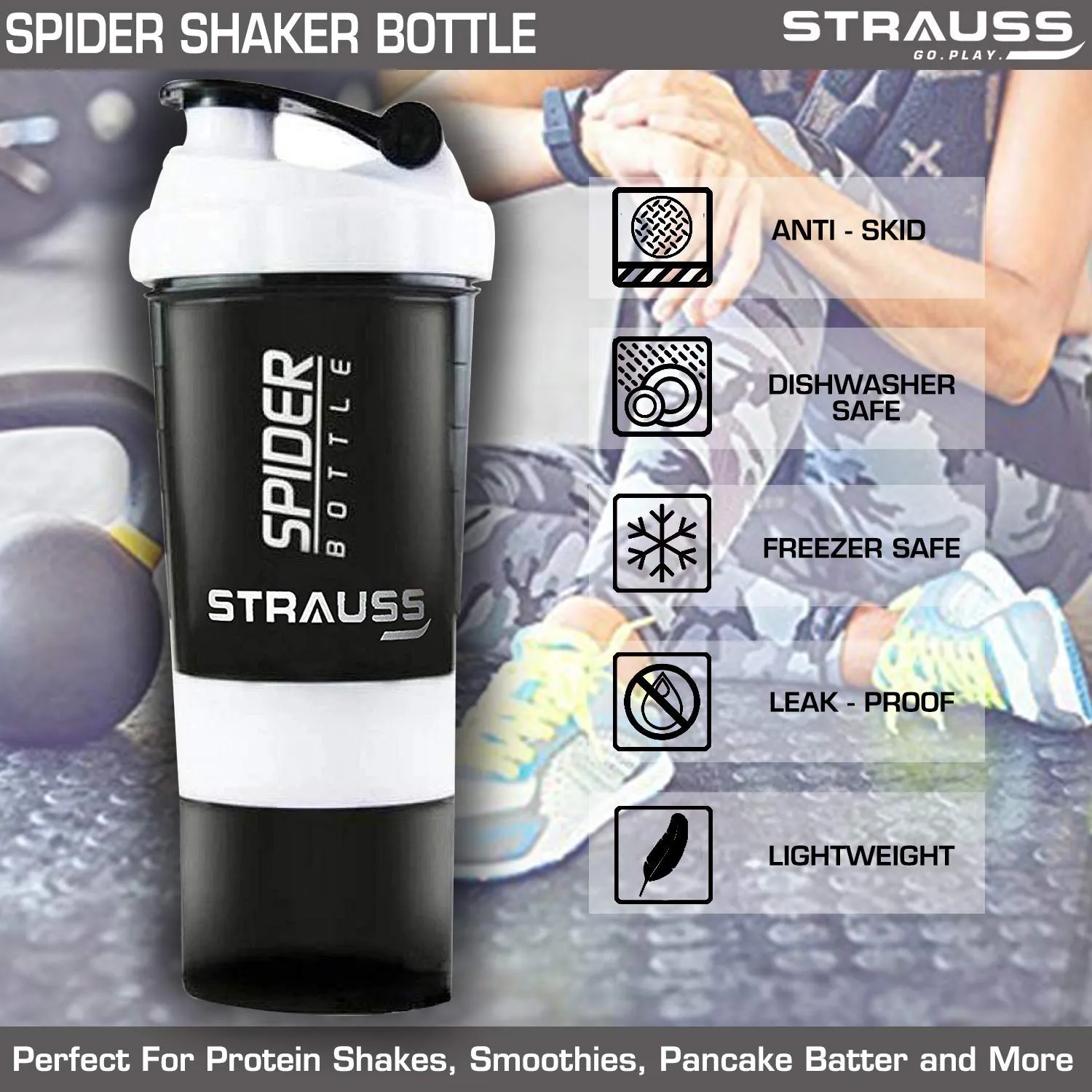 Strauss Leather Gym Gloves with Wrist Wrap (Medium) and Spider Shaker Bottle,(White)