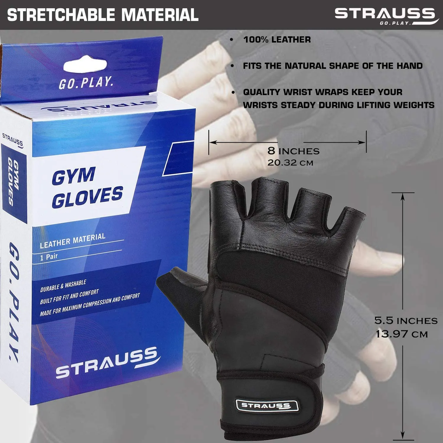 Strauss Leather Gym Gloves with Wrist Wrap (Medium) and Spider Shaker Bottle,(White)