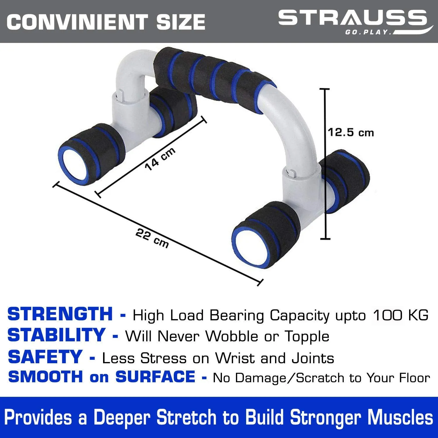 Strauss Moto Push Up Bar, Pair (Black/Blue) with Hand Grip