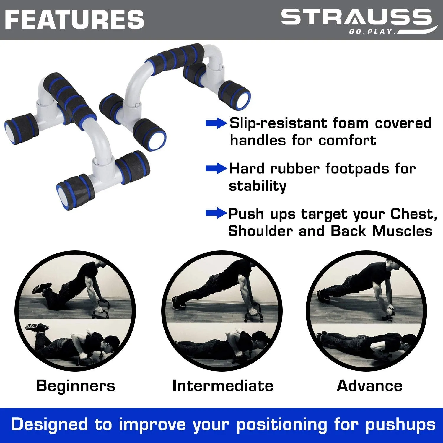 Strauss Moto Push Up Bar, Pair (Black/Blue) with Hand Grip