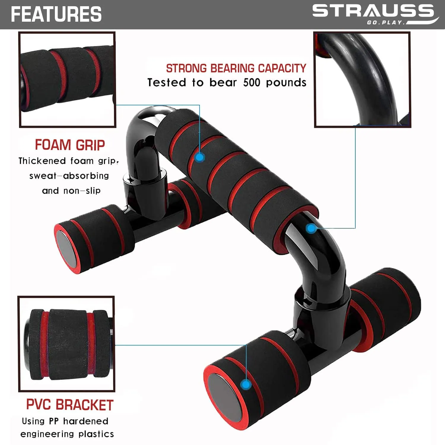 Strauss Moto Push-Up Bar, Pair | Non-Slip, Sturdy Exercise Equipment for Home or Gym Workout | Ideal for Upper Body Strength Training, Muscle Building, Push-Ups & Planks | Portable Gym Equipment,(Red)