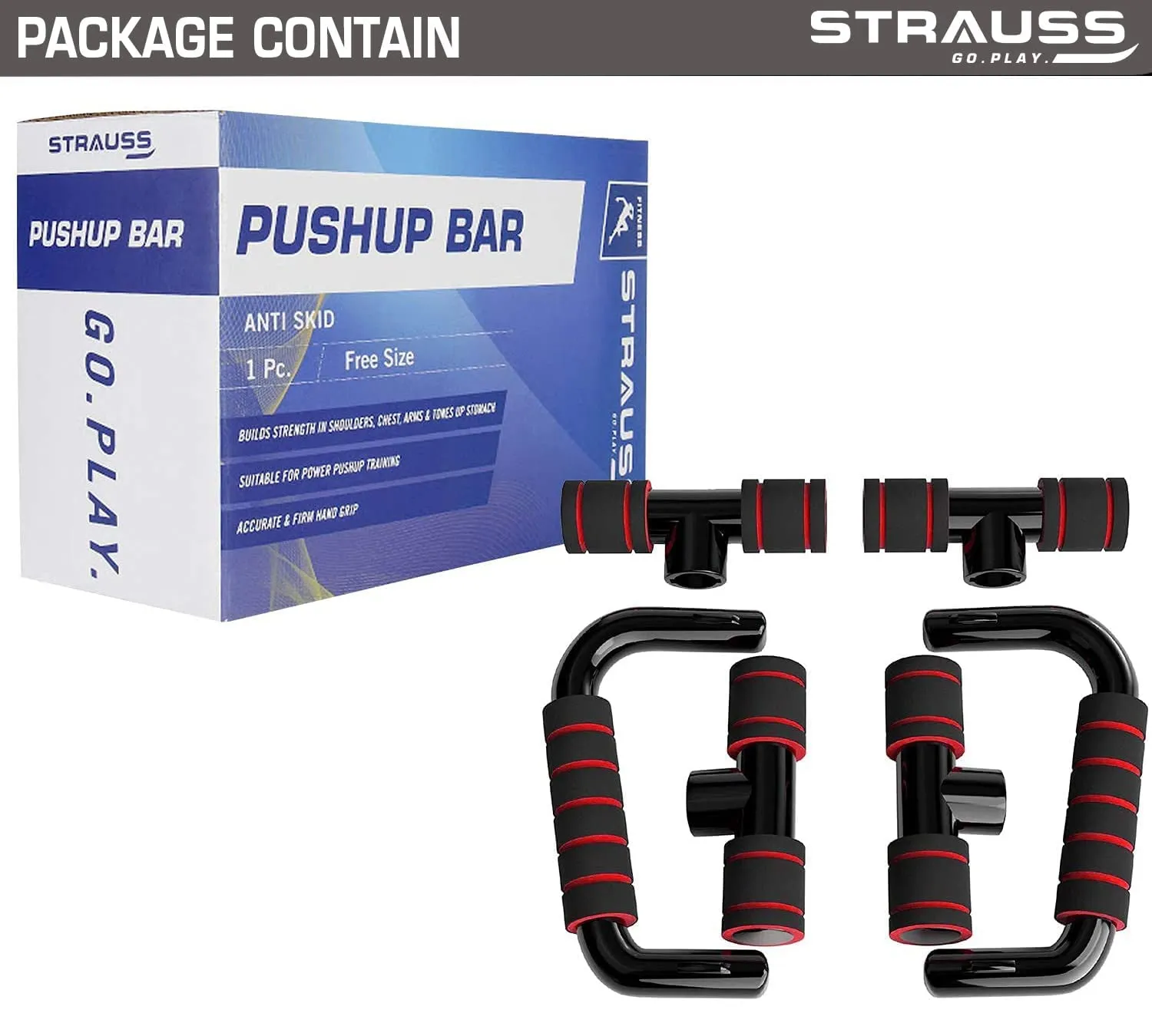 Strauss Moto Push-Up Bar, Pair | Non-Slip, Sturdy Exercise Equipment for Home or Gym Workout | Ideal for Upper Body Strength Training, Muscle Building, Push-Ups & Planks | Portable Gym Equipment,(Red)