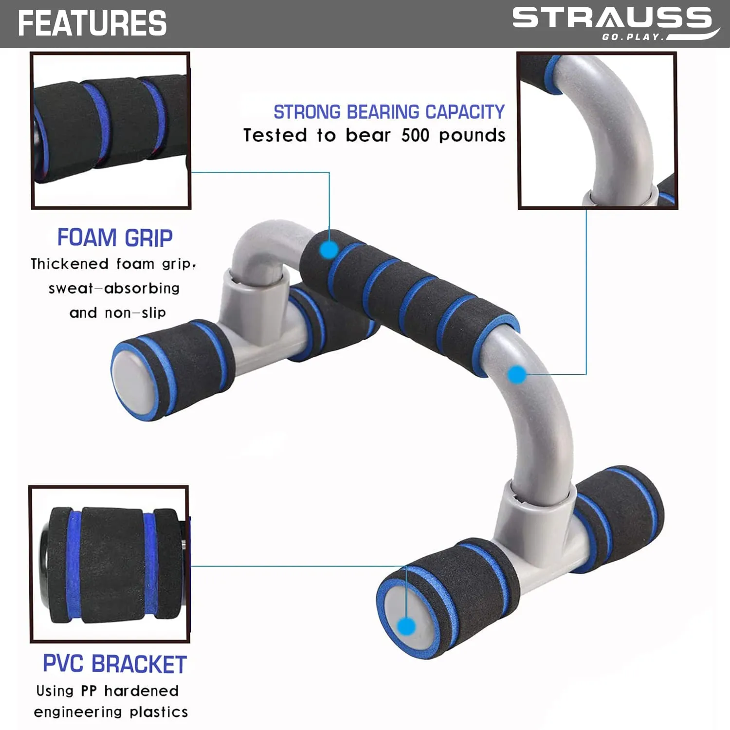 Strauss Moto Push Up Bar, Pushup Stand for Home Workout, (Blue & Grey)