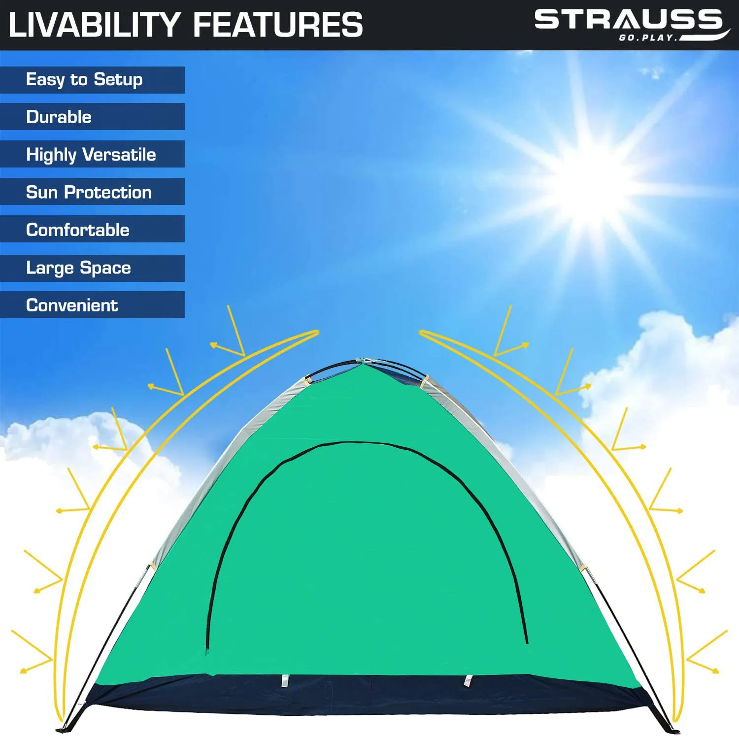 STRAUSS Portable Camping Tent - Quick 5-10 Minute Setup | Waterproof Tent for Camping | Superior Air Ventilation | Ideal for Indoors and Outdoors | Camping Accessories | Ideal for 2 Persons,Blue/Green