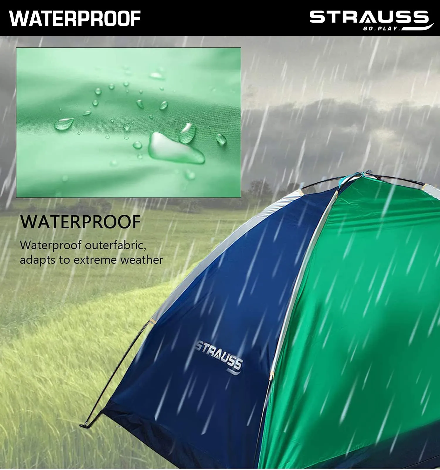 STRAUSS Portable Camping Tent - Quick 5-10 Minute Setup | Waterproof Tent for Camping | Superior Air Ventilation | Ideal for Indoors and Outdoors | Camping Accessories | Ideal for 2 Persons,Blue/Green