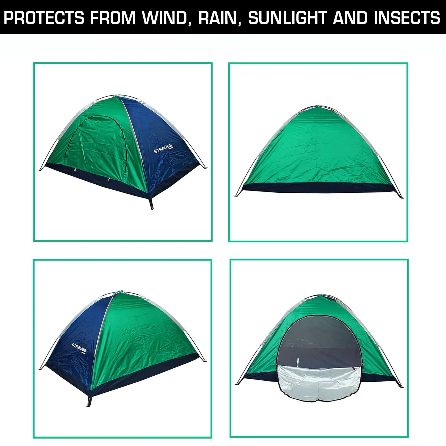 STRAUSS Portable Camping Tent - Quick 5-10 Minute Setup | Waterproof Tent for Camping | Superior Air Ventilation | Ideal for Indoors and Outdoors | Camping Accessories | Ideal for 2 Persons,Blue/Green