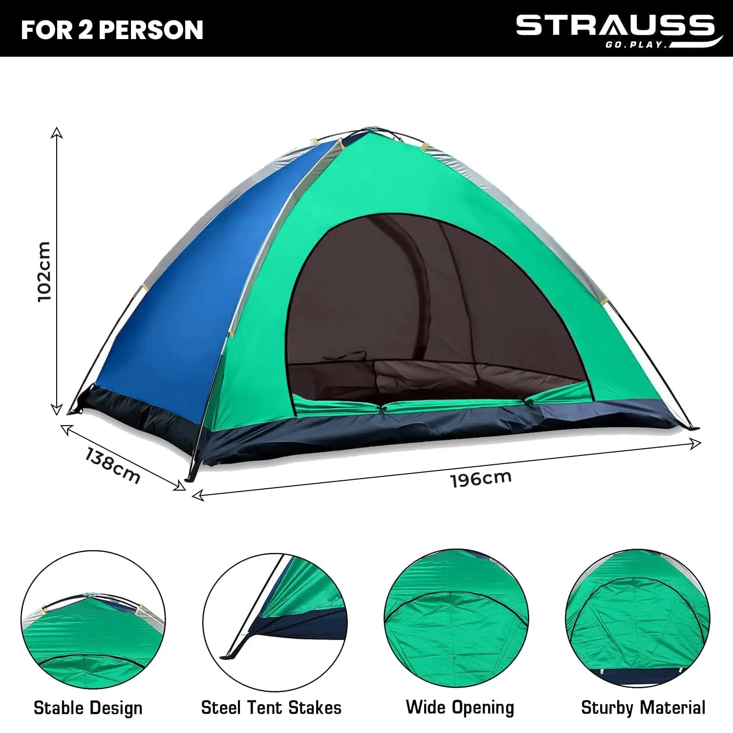 STRAUSS Portable Camping Tent - Quick 5-10 Minute Setup | Waterproof Tent for Camping | Superior Air Ventilation | Ideal for Indoors and Outdoors | Camping Accessories | Ideal for 2 Persons,Blue/Green