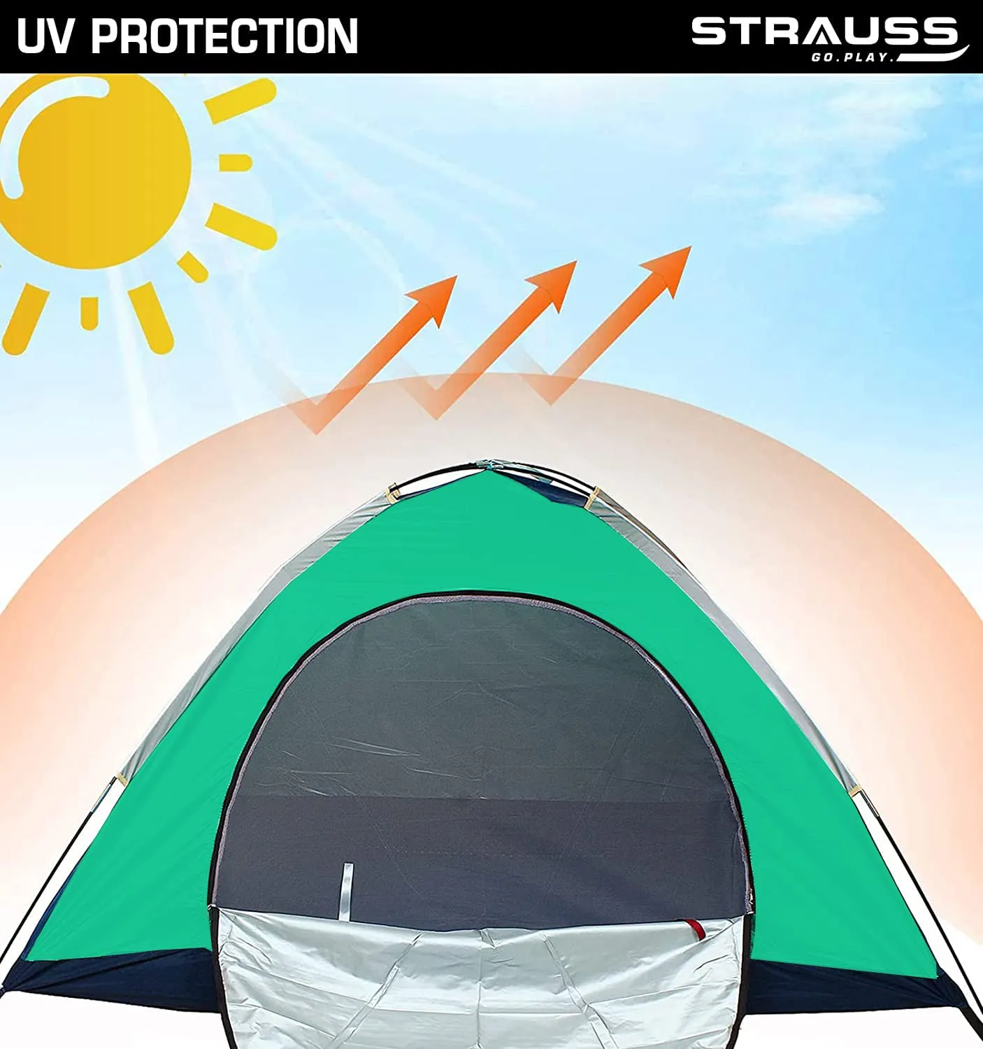 STRAUSS Portable Camping Tent - Quick 5-10 Minute Setup | Waterproof Tent for Camping | Superior Air Ventilation | Ideal for Indoors and Outdoors | Camping Accessories | Ideal for 2 Persons,Blue/Green