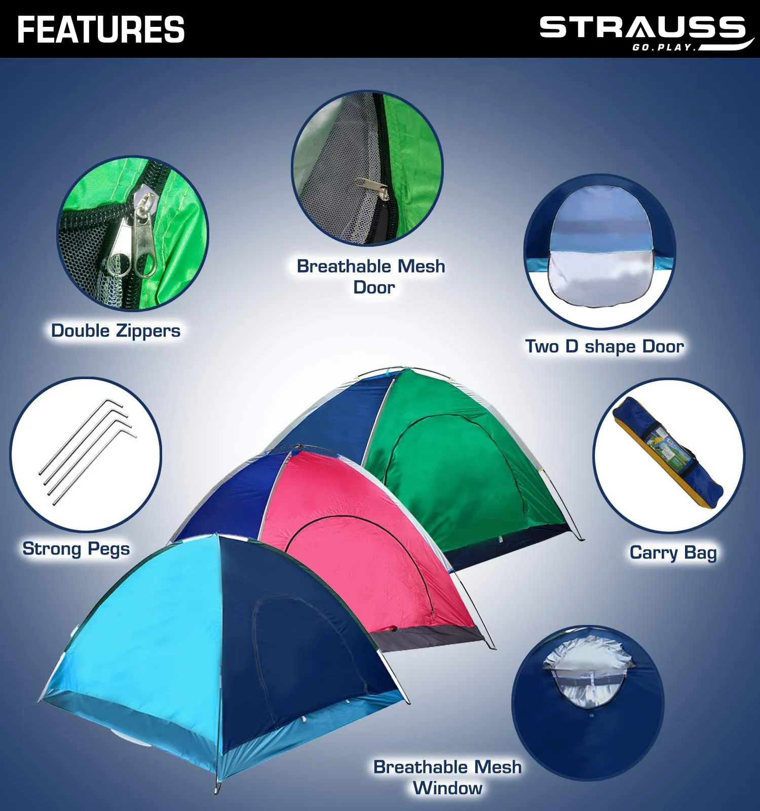 STRAUSS Portable Camping Tent - Quick 5-10 Minute Setup | Waterproof Tent for Camping | Superior Air Ventilation | Ideal for Indoors and Outdoors | Camping Accessories | Ideal for 2 Persons,Blue/Green