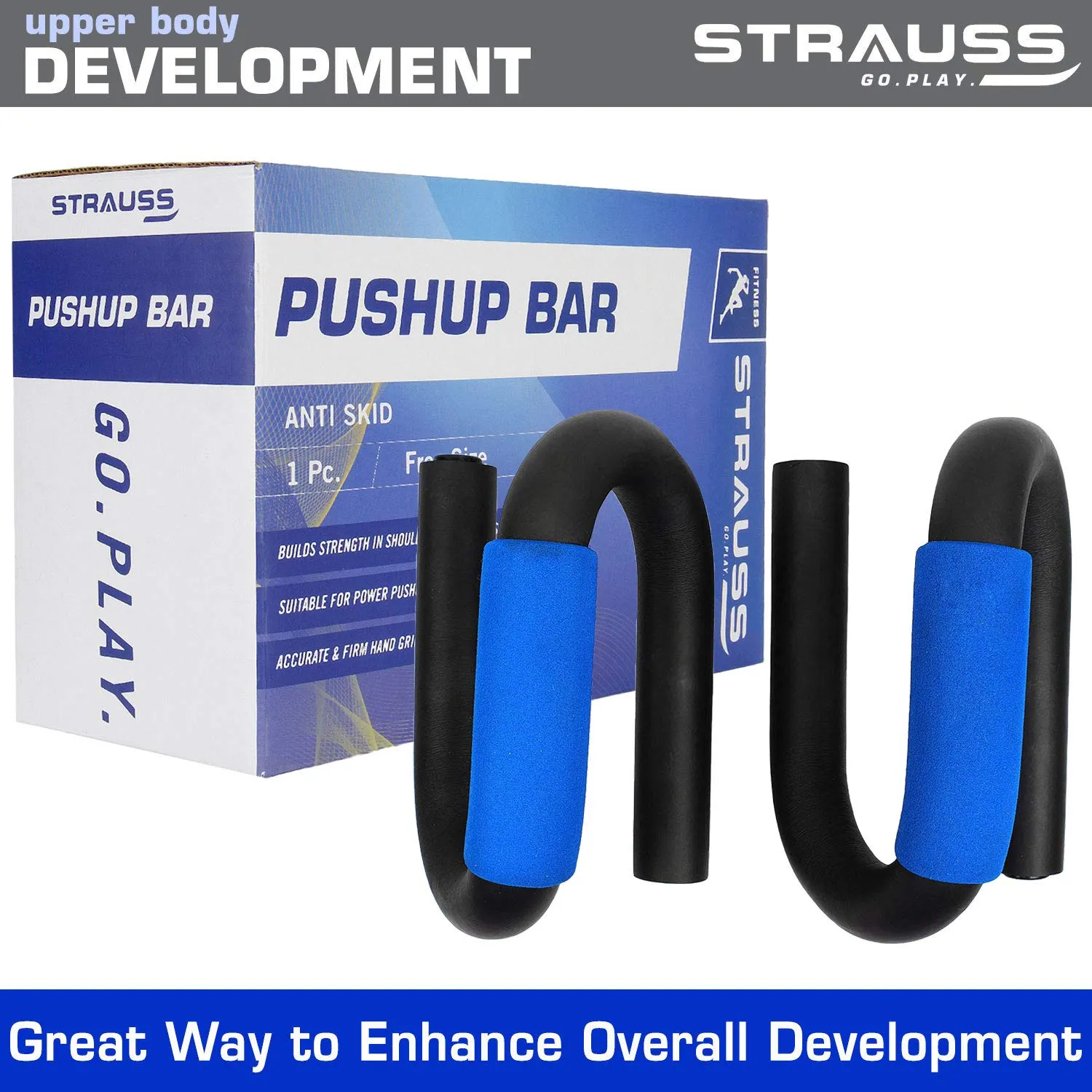 Strauss Power Push up Bar, (Black/Blue) and Double Exercise Wheel (Blue)