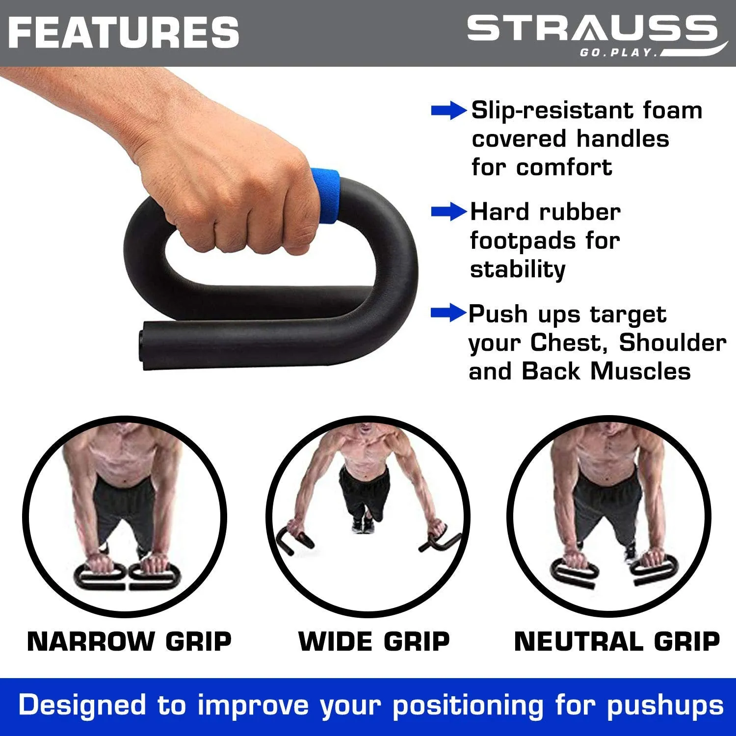 Strauss Power Push up Bar, (Black/Blue) and Double Exercise Wheel (Blue)