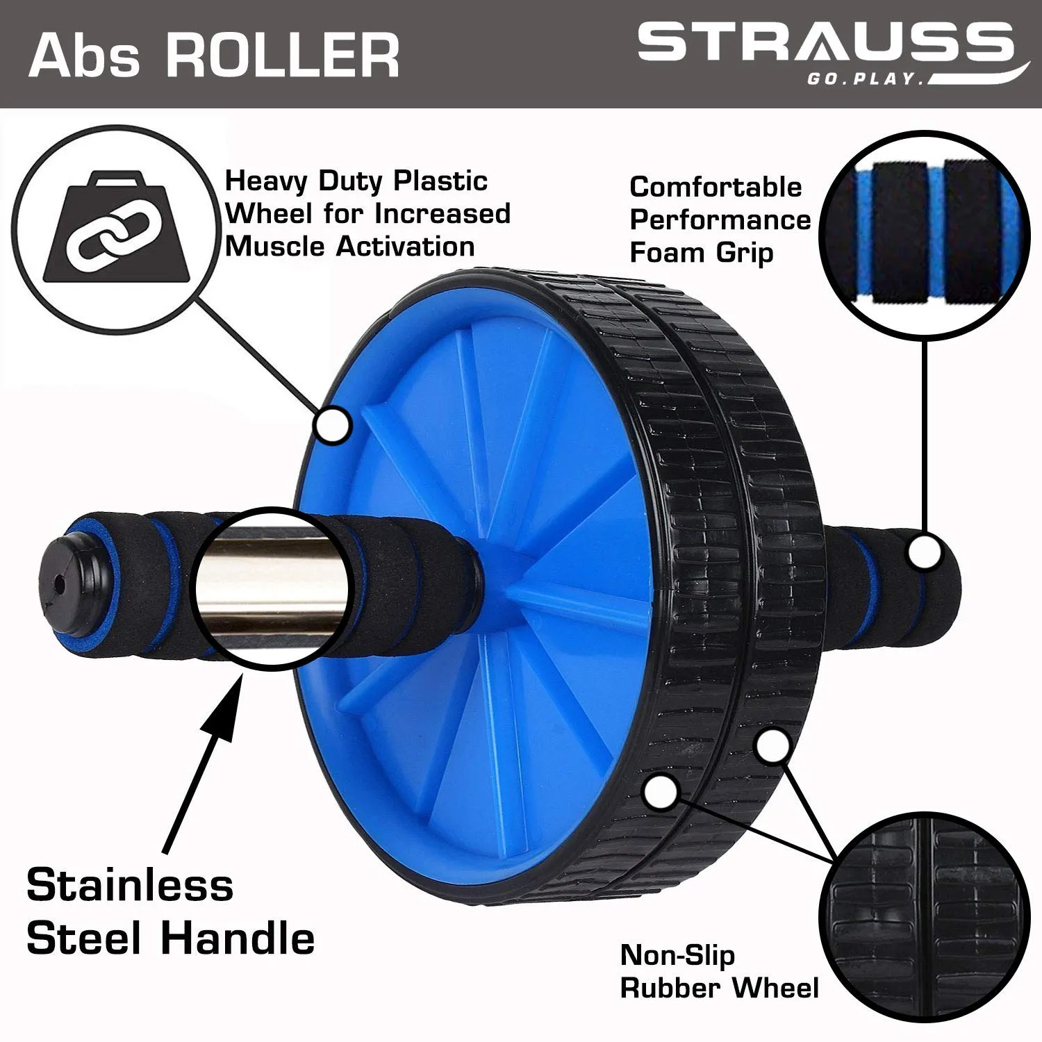 Strauss Power Push up Bar, (Black/Blue) and Double Exercise Wheel (Blue)