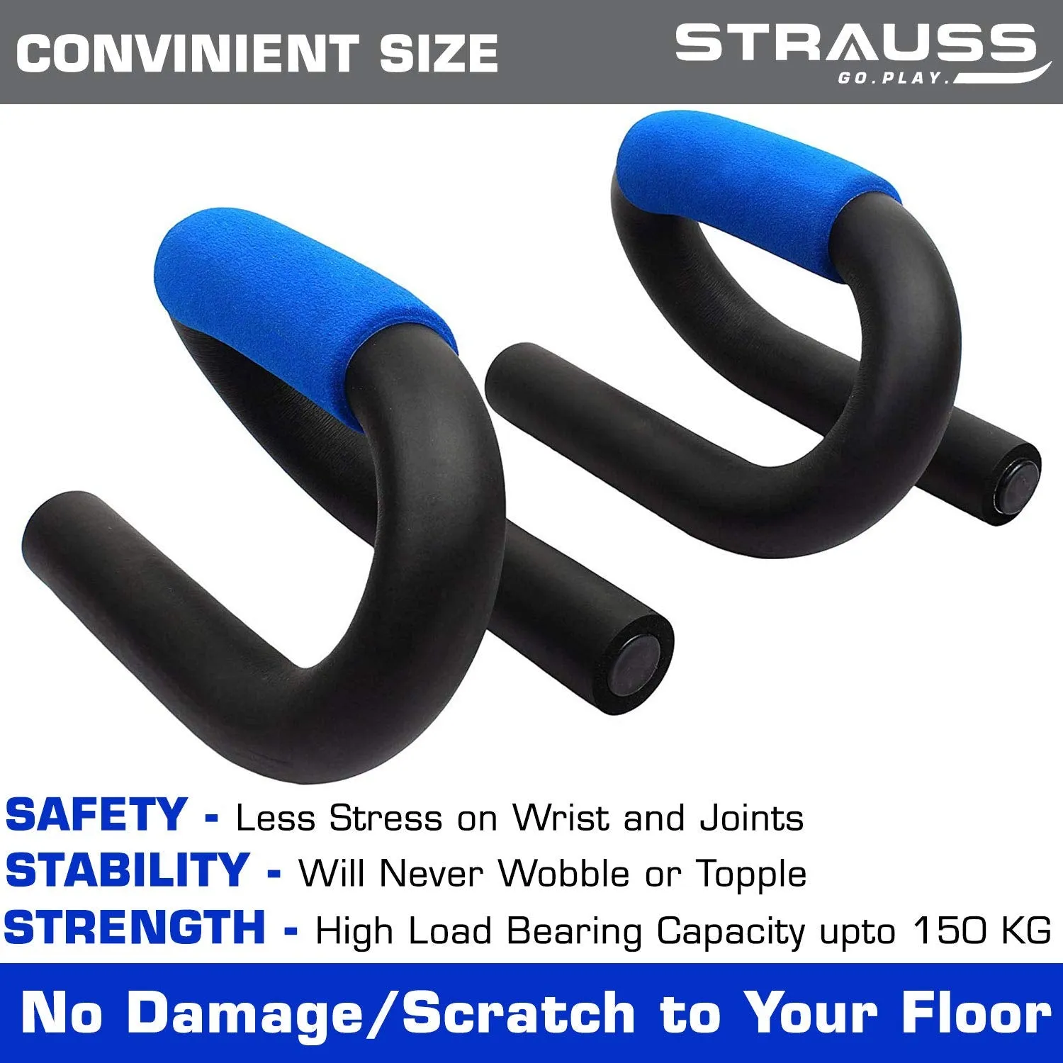 Strauss Power Push Up Bar | Home & Gym Equipment for Excersing & Chest Workout | S-Shape Push Up Handles with Metal Tube and Foam Grip | Push Up Stand with Anti Slip Bottom (Black/Blue)