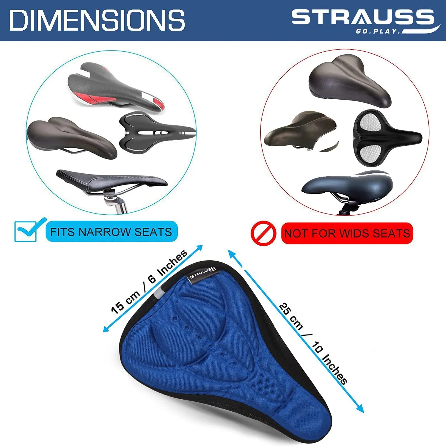 Strauss Saddle Seat Cover with Anti-Slip Granules & Soft, Thick Padding | Superior Comfort, Breathable Design | Comes with Adjustable Rope Straps & Fits all Cycles, (Blue)