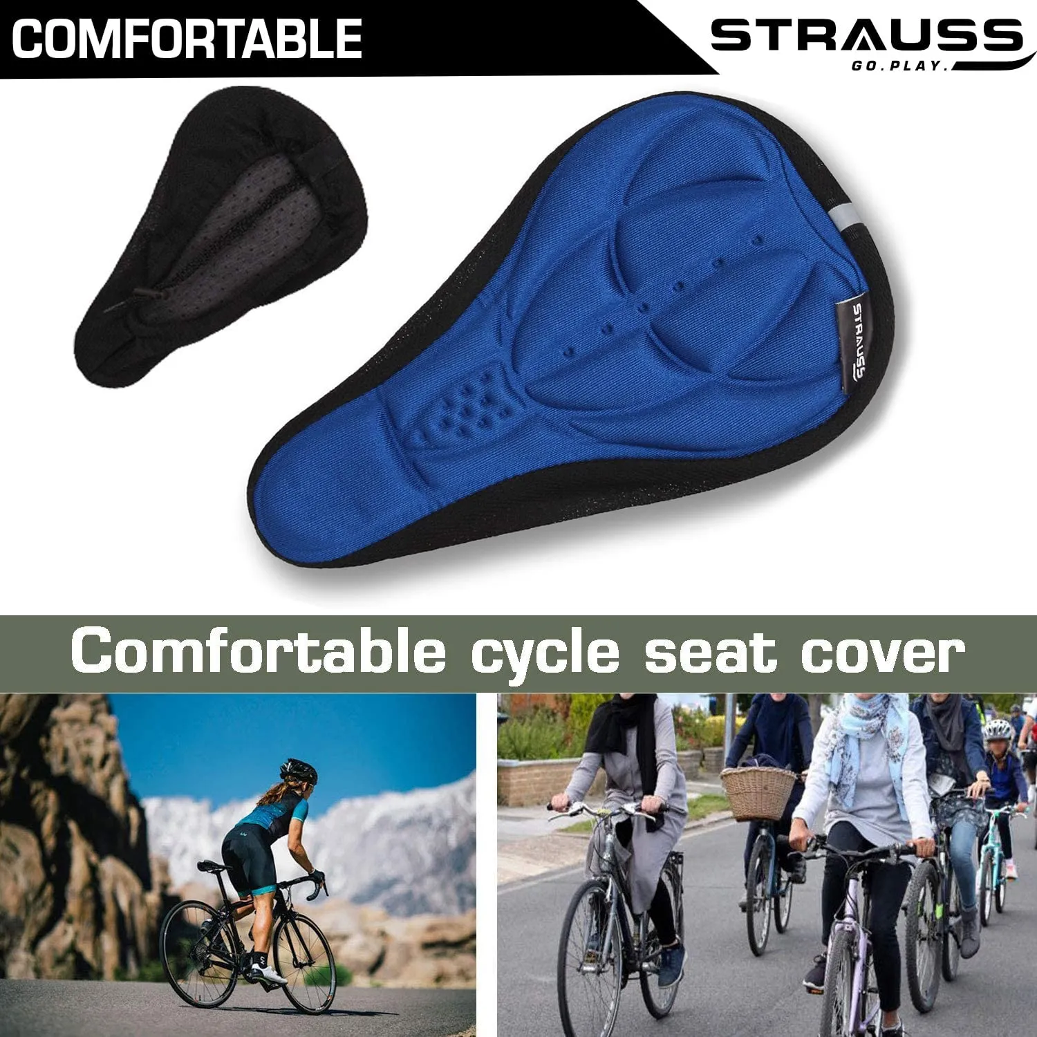 Strauss Saddle Seat Cover with Anti-Slip Granules & Soft, Thick Padding | Superior Comfort, Breathable Design | Comes with Adjustable Rope Straps & Fits all Cycles, (Blue)