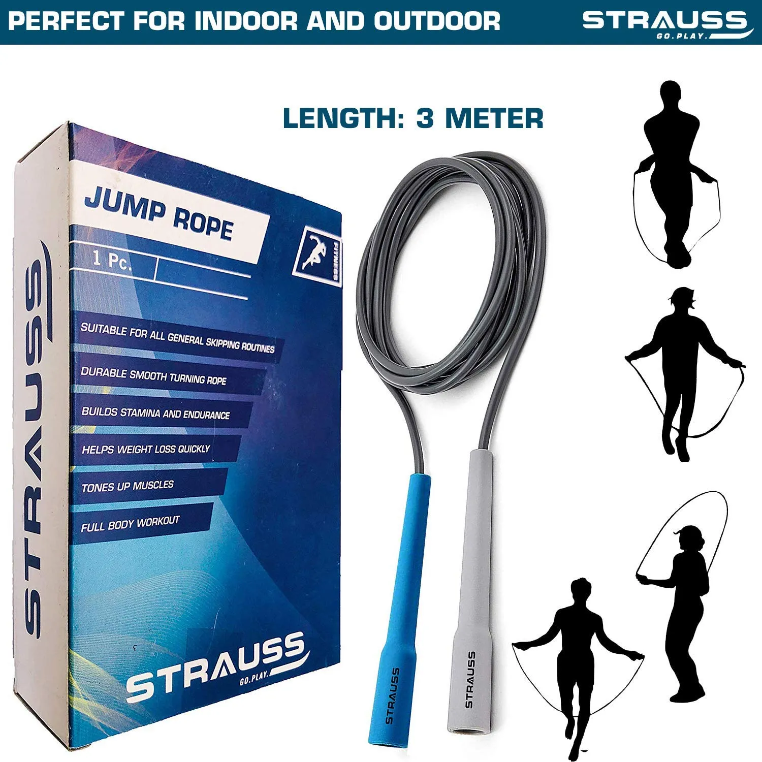 Strauss Skipping Rope, (Blue/Grey) With Double Exercise Wheel