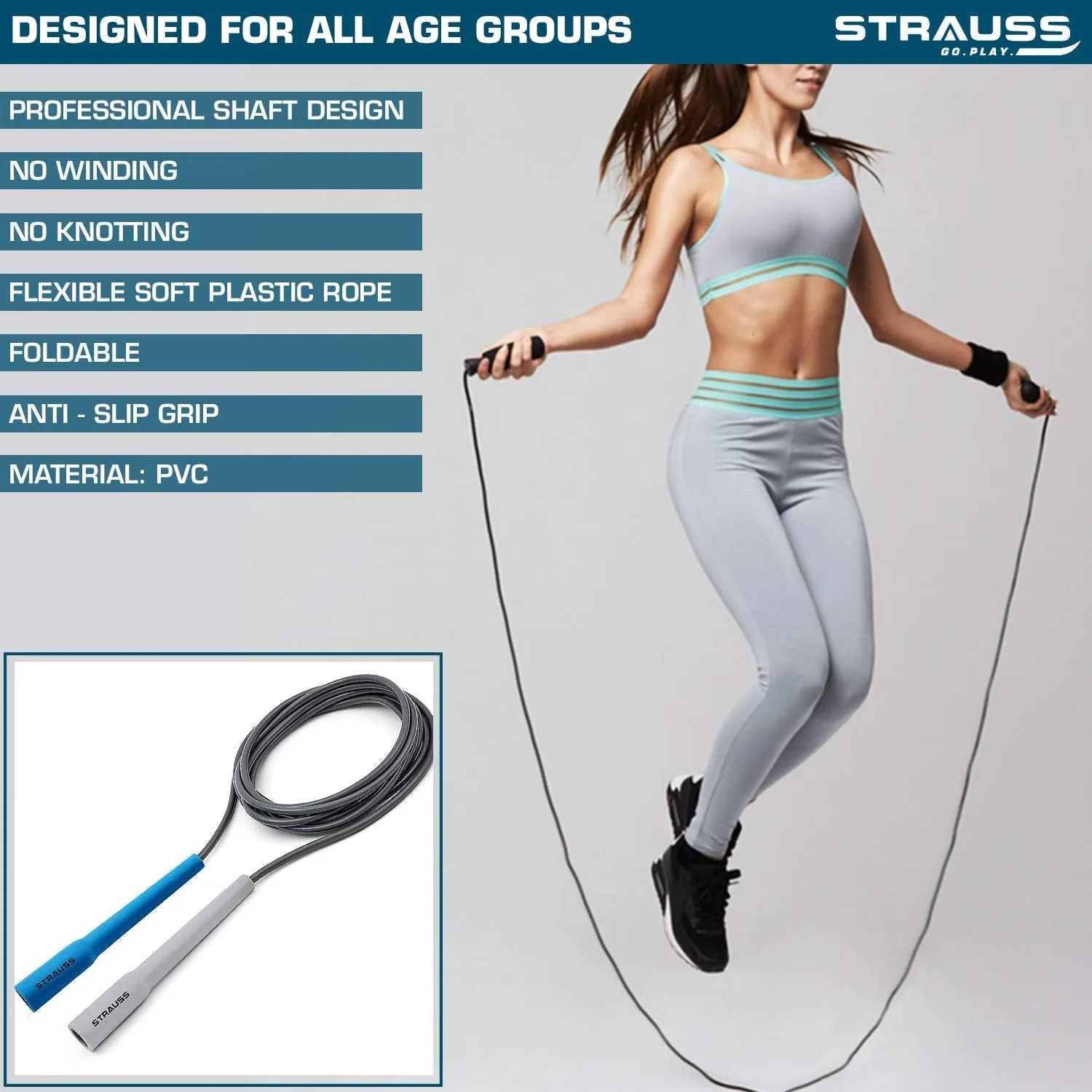 Strauss Skipping Rope, (Blue/Grey) With Double Exercise Wheel