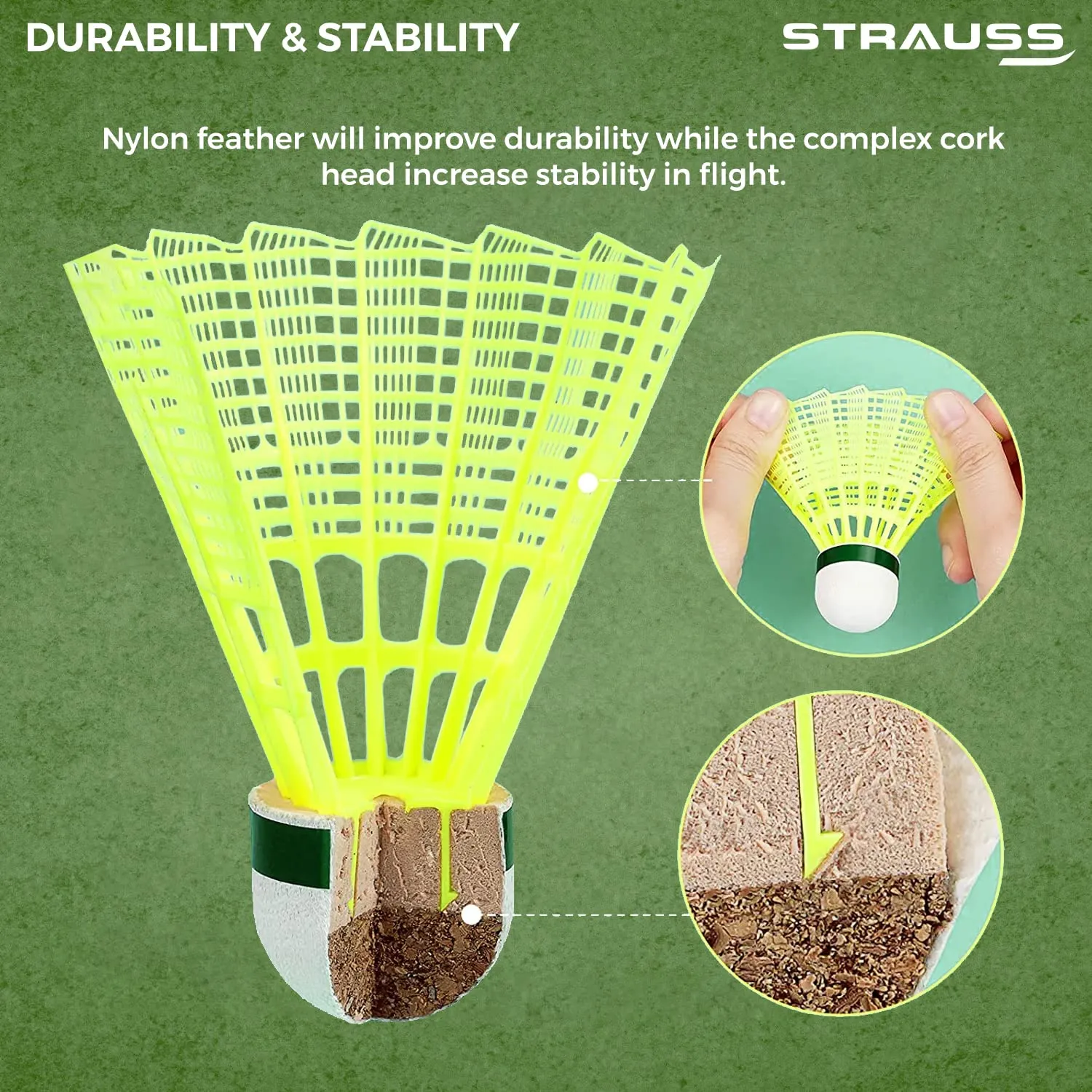 Strauss Smash Hit-22 Nylon Shuttlecock (Pack of 6) | Stable Flight, Fast Recovery & Near Feather Shuttle Performance | Medium Speed, Durable & Less Frequent Replacement (Yellow)