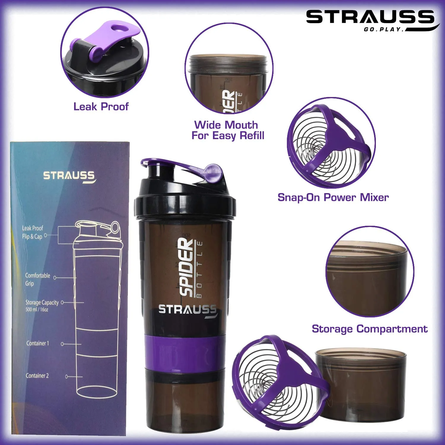 STRAUSS Spider Gym Shaker Bottle | Shakers for Protein Shake with 2 Storage Compartment | Leakproof Gym Protein Shaker for Post and Pre-Workout Drink | 100% BPA Free (500 ML, Pack of 1,Purple)