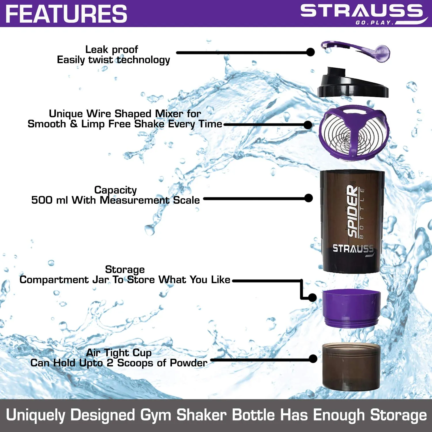 STRAUSS Spider Gym Shaker Bottle | Shakers for Protein Shake with 2 Storage Compartment | Leakproof Gym Protein Shaker for Post and Pre-Workout Drink | 100% BPA Free (500 ML, Pack of 1,Purple)