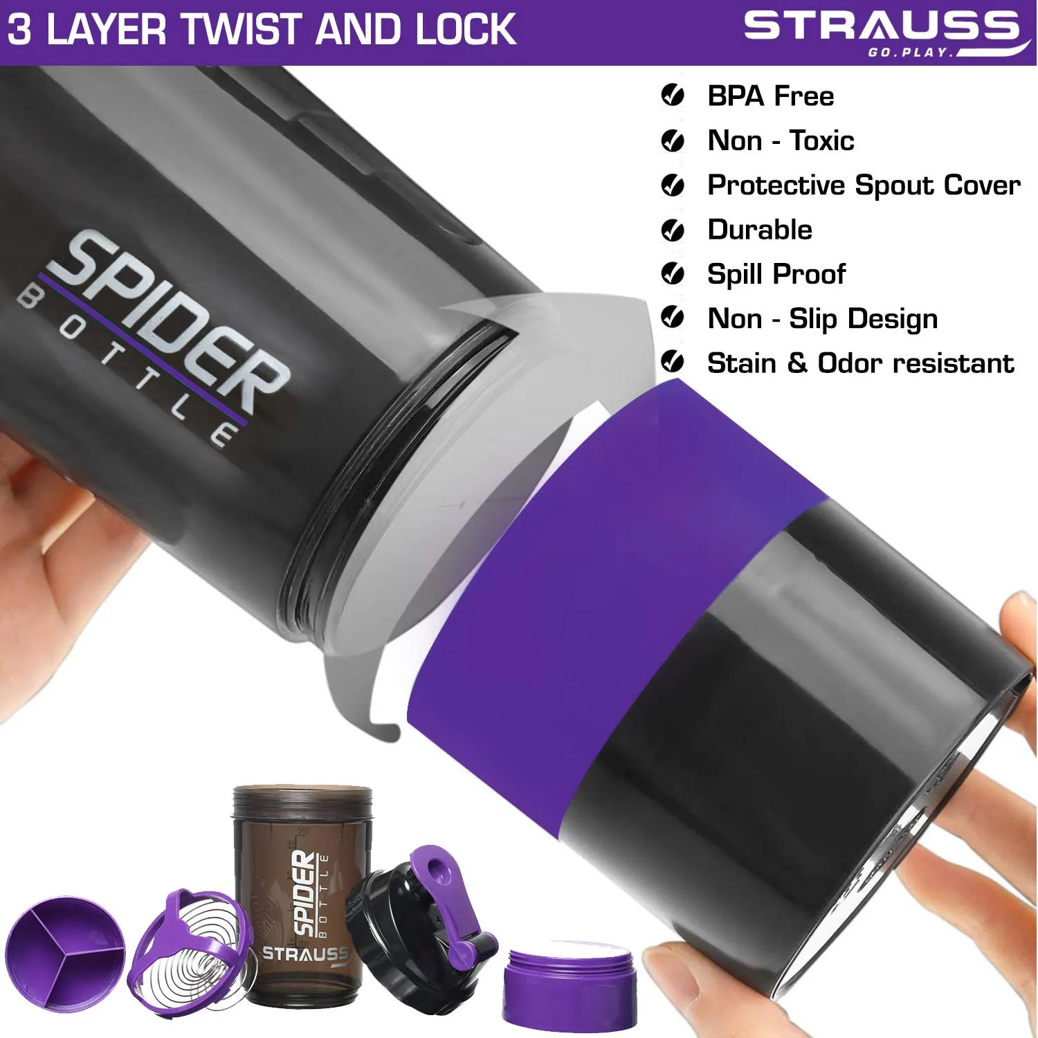 STRAUSS Spider Gym Shaker Bottle | Shakers for Protein Shake with 2 Storage Compartment | Leakproof Gym Protein Shaker for Post and Pre-Workout Drink | 100% BPA Free (500 ML, Pack of 1,Purple)