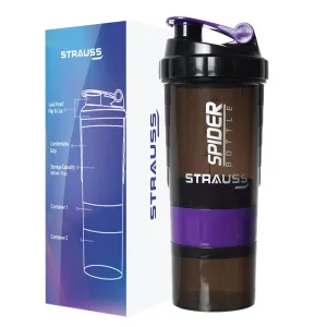 STRAUSS Spider Gym Shaker Bottle | Shakers for Protein Shake with 2 Storage Compartment | Leakproof Gym Protein Shaker for Post and Pre-Workout Drink | 100% BPA Free (500 ML, Pack of 1,Purple)