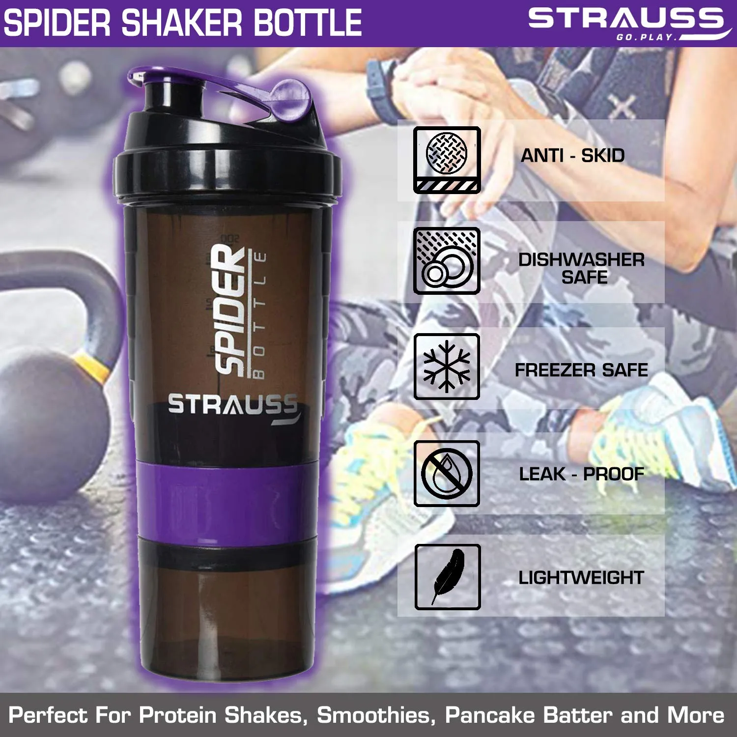 STRAUSS Spider Gym Shaker Bottle | Shakers for Protein Shake with 2 Storage Compartment | Leakproof Gym Protein Shaker for Post and Pre-Workout Drink | 100% BPA Free (500 ML, Pack of 1,Purple)