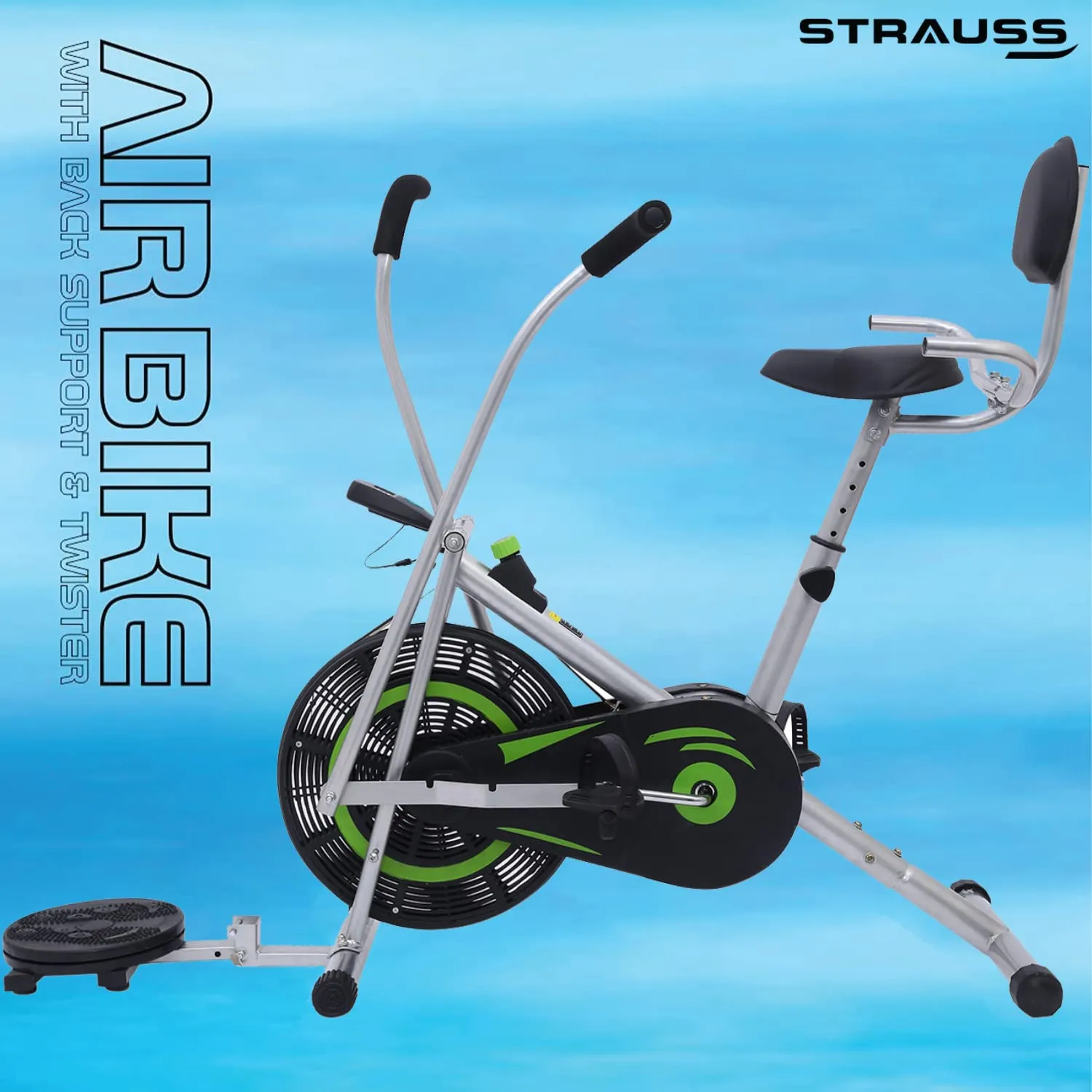 Strauss StayFit-(BSTH) Exercise Bike with Back Support,Twister & Handles, Green