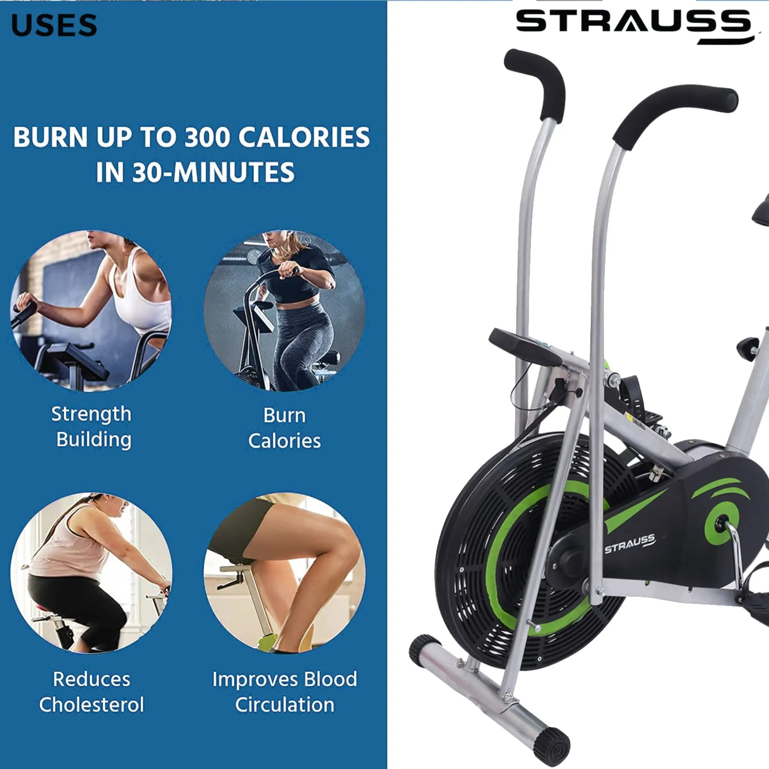 Strauss StayFit-(BSTH) Exercise Bike with Back Support,Twister & Handles, Green