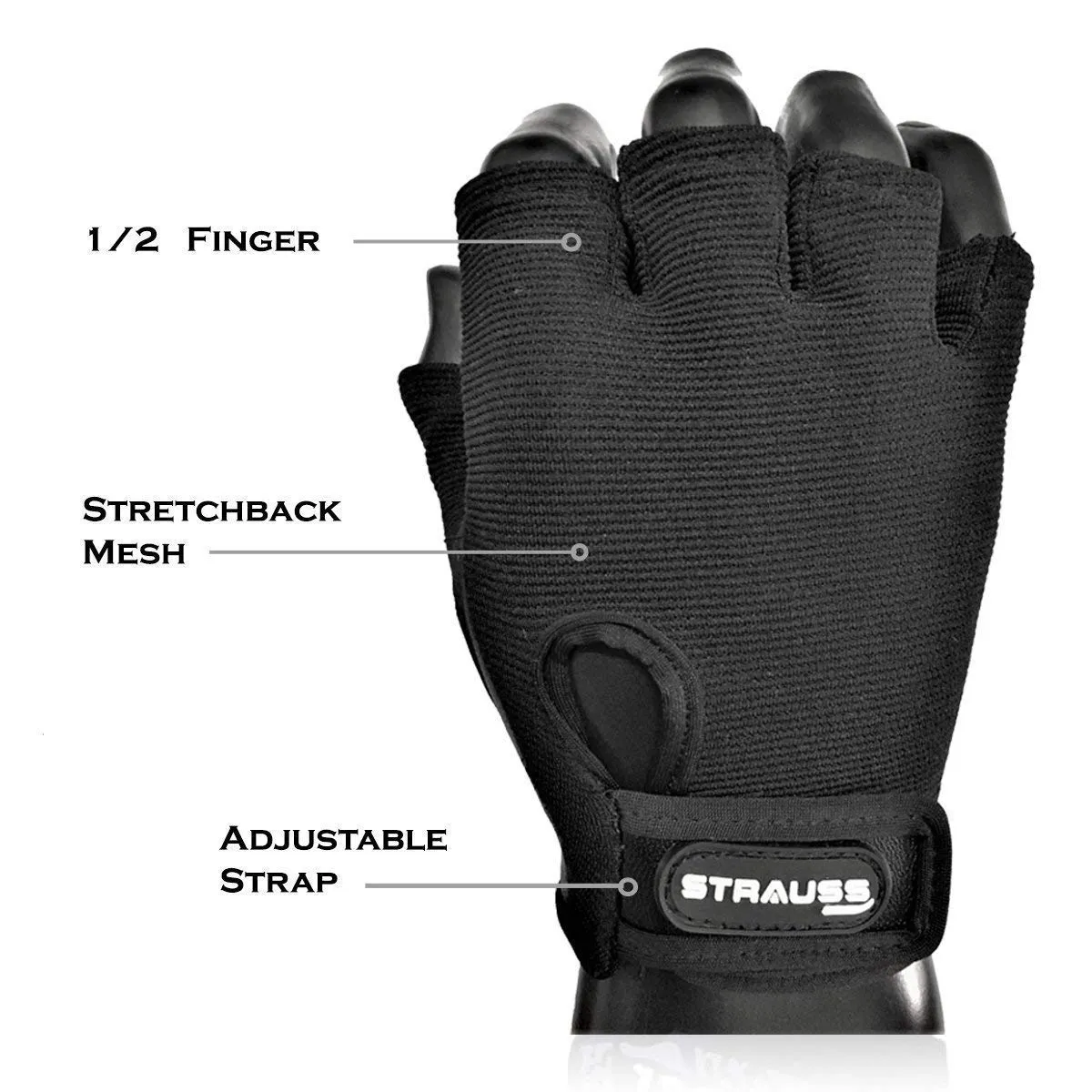 STRAUSS Stretch-Back Gym Gloves with Leather Palm, (Medium)