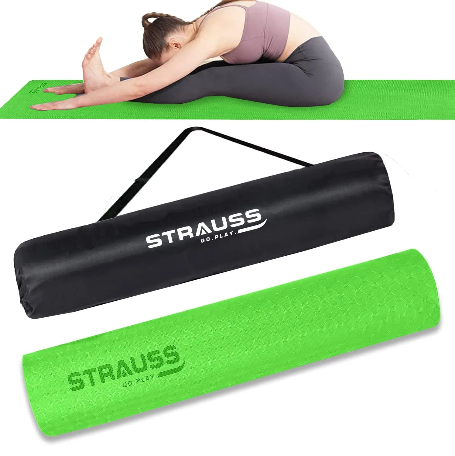 STRAUSS TPE Dual Layer Yoga Mat| Exercise Mat for Yoga,Pilates & Gym| Lightweight & Eco-Friendly Material | Yoga Mat for Women and Men |Ideal for Home Gym Workout |Includes Carry Bag | 4MM,(Green)