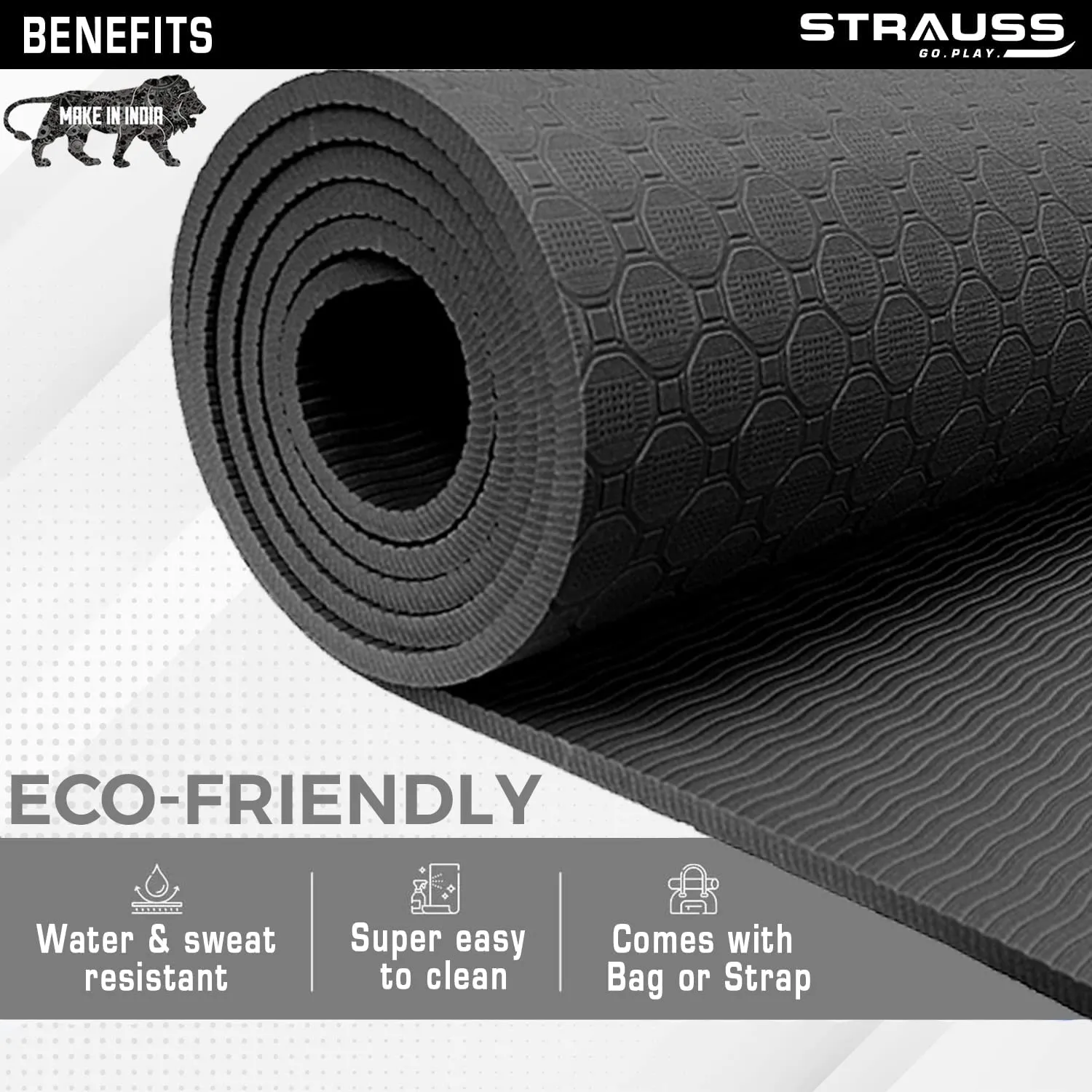 STRAUSS TPE Dual Layer Yoga Mat| Exercise Mat for Yoga,Pilates & Gym| Lightweight & Eco-Friendly Material | Yoga Mat for Women and Men |Ideal for Home Gym Workout |Includes Carry Bag | 6MM,(Black)