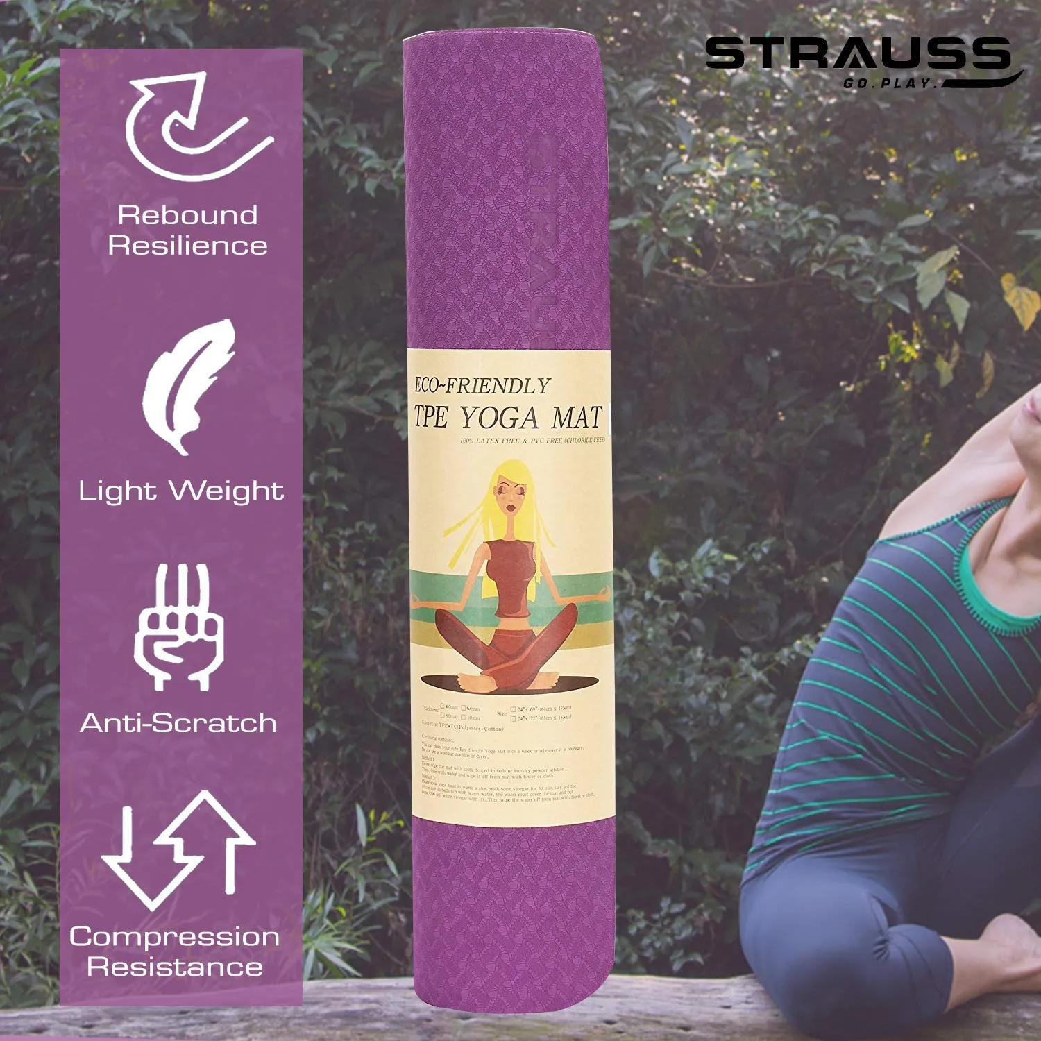 Strauss TPE Eco-Friendly Yoga Mat, 6mm (Purple) and Yoga Mat Bag,Polka Dots Pink (Full Zip)