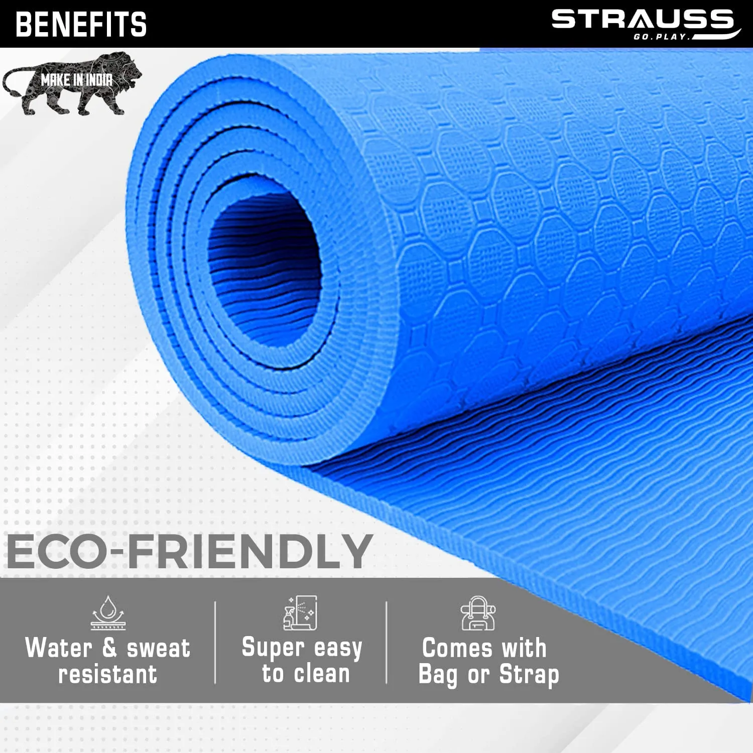 Strauss TPE Yoga Mat | Exercise Mat For Home Workout, Gym and Yoga Sessions | Anti Slip Gym Mat | Workout Mat For Men, Women and Kids | Yoga Mat With Carry Strap | Thickness: 4MM,(Sky Blue)