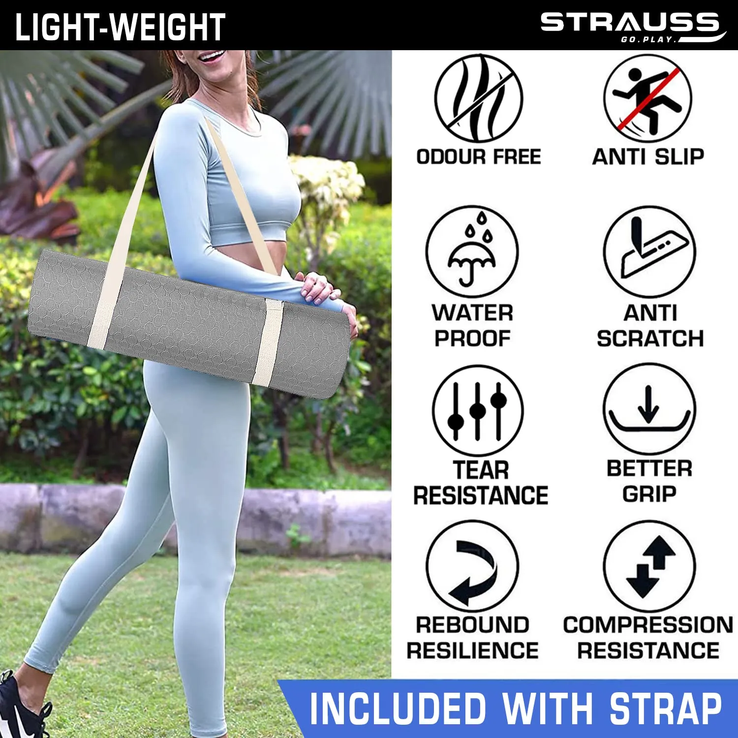 Strauss TPE Yoga Mat | Exercise Mat For Home Workout, Gym and Yoga Sessions | Anti Slip Gym Mat | Workout Mat For Men, Women and Kids | Yoga Mat With Carry Strap | Thickness: 6MM,(Grey)