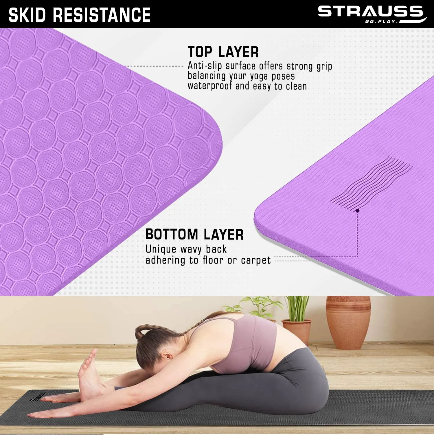 Strauss TPE Yoga Mat | Exercise Mat For Home Workout, Gym and Yoga Sessions | Anti Slip Gym Mat | Workout Mat For Men, Women and Kids | Yoga Mat With Carry Strap | Thickness: 6MM,(Purple)