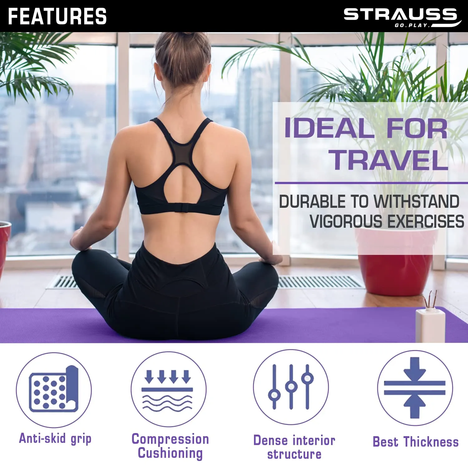 Strauss TPE Yoga Mat | Exercise Mat For Home Workout, Gym and Yoga Sessions | Anti Slip Gym Mat | Workout Mat For Men, Women and Kids | Yoga Mat With Carry Strap | Thickness: 6MM,(Purple)