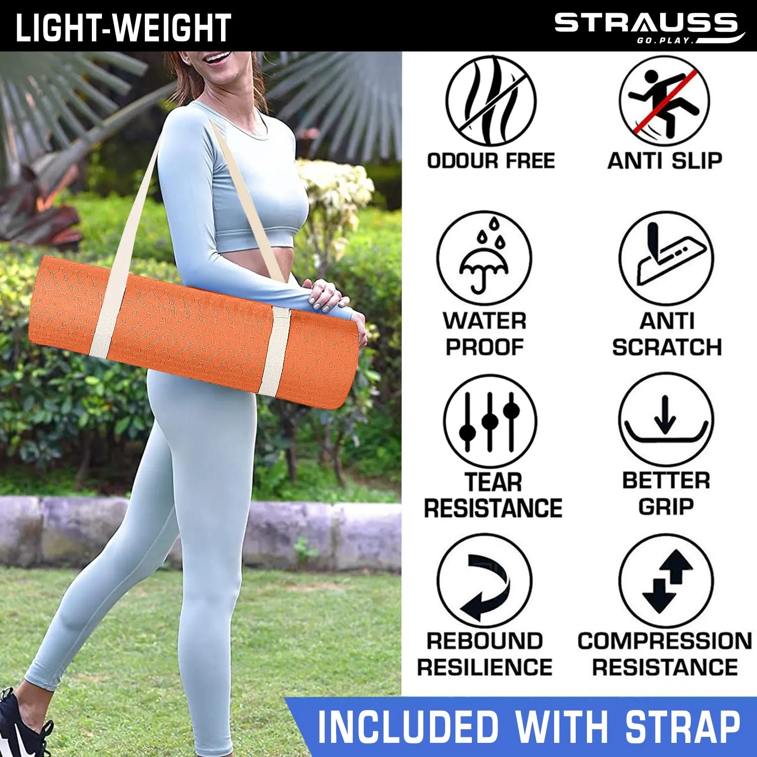 Strauss TPE Yoga Mat | Exercise Mat For Home Workout, Gym and Yoga Sessions | Anti Slip Gym Mat | Workout Mat For Men, Women and Kids | Yoga Mat With Carry Strap | Thickness: 8MM,(Orange)