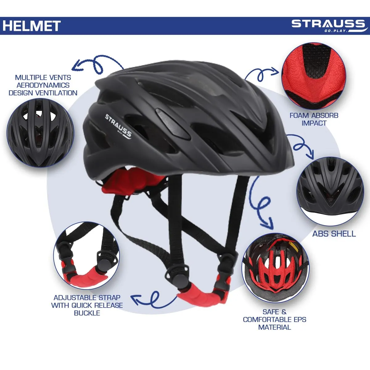 Strauss Veloguard Cycling Helmet | Light Weight with Superior Ventilation | Mountain, Road Bike & Skating Helmet with Adjustable Size | LED Safety Backlight | Ideal for Adults and Kids,(Black)