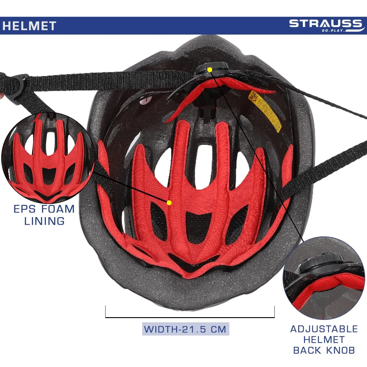 Strauss Veloguard Cycling Helmet | Light Weight with Superior Ventilation | Mountain, Road Bike & Skating Helmet with Adjustable Size | LED Safety Backlight | Ideal for Adults and Kids,(Black)