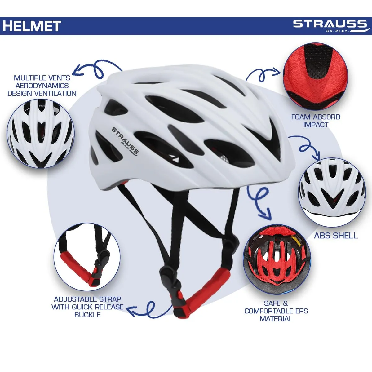 Strauss Veloguard Cycling Helmet | Light Weight with Superior Ventilation | Mountain, Road Bike & Skating Helmet with Adjustable Size | LED Safety Backlight | Ideal for Adults and Kids,(White)