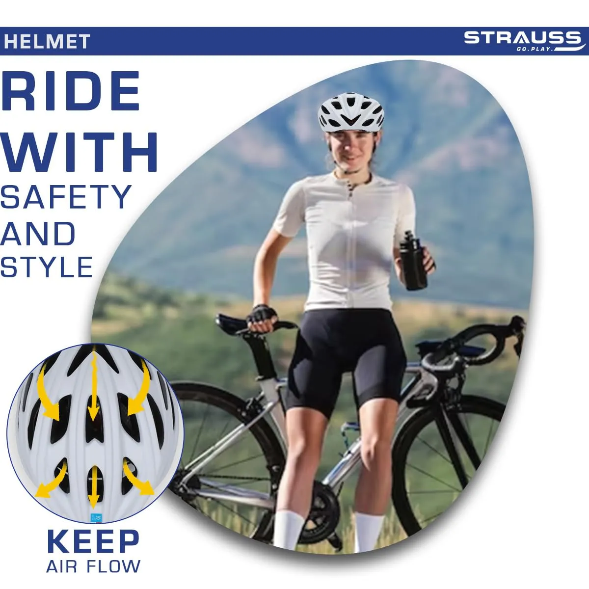 Strauss Veloguard Cycling Helmet | Light Weight with Superior Ventilation | Mountain, Road Bike & Skating Helmet with Adjustable Size | LED Safety Backlight | Ideal for Adults and Kids,(White)