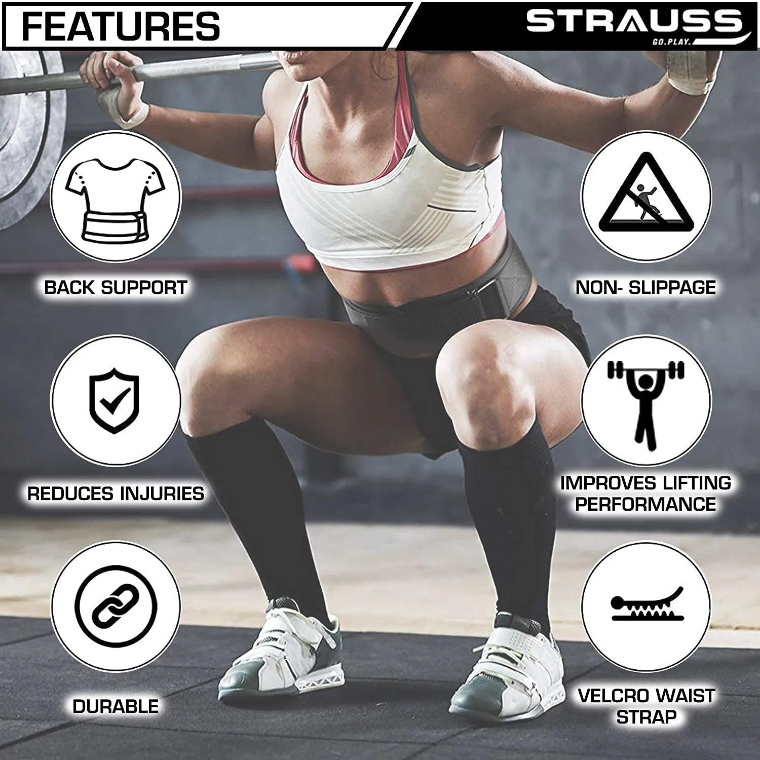 Strauss Weightlifting Gym Belt for Back Support | For Men and Women | Ideal for Workout, Powerlifting, Power Training, Gym Workout & Deadlift, with Durable Material | Adjustable Buckle, (Blue) | Size: Medium