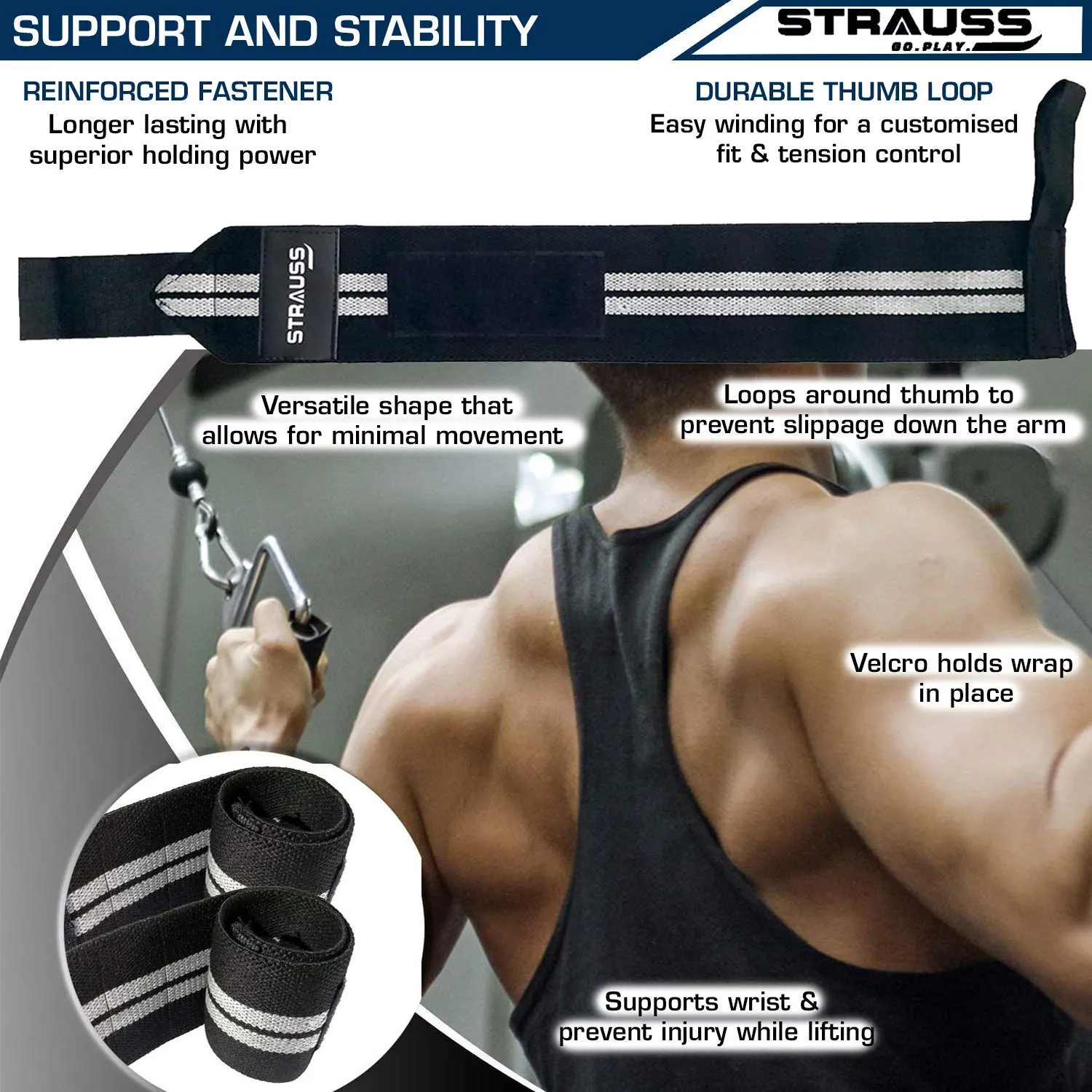 Strauss WL Cotton Gym Support, Pair (with Thumb Support) and Wrist Support, Free Size (Black)