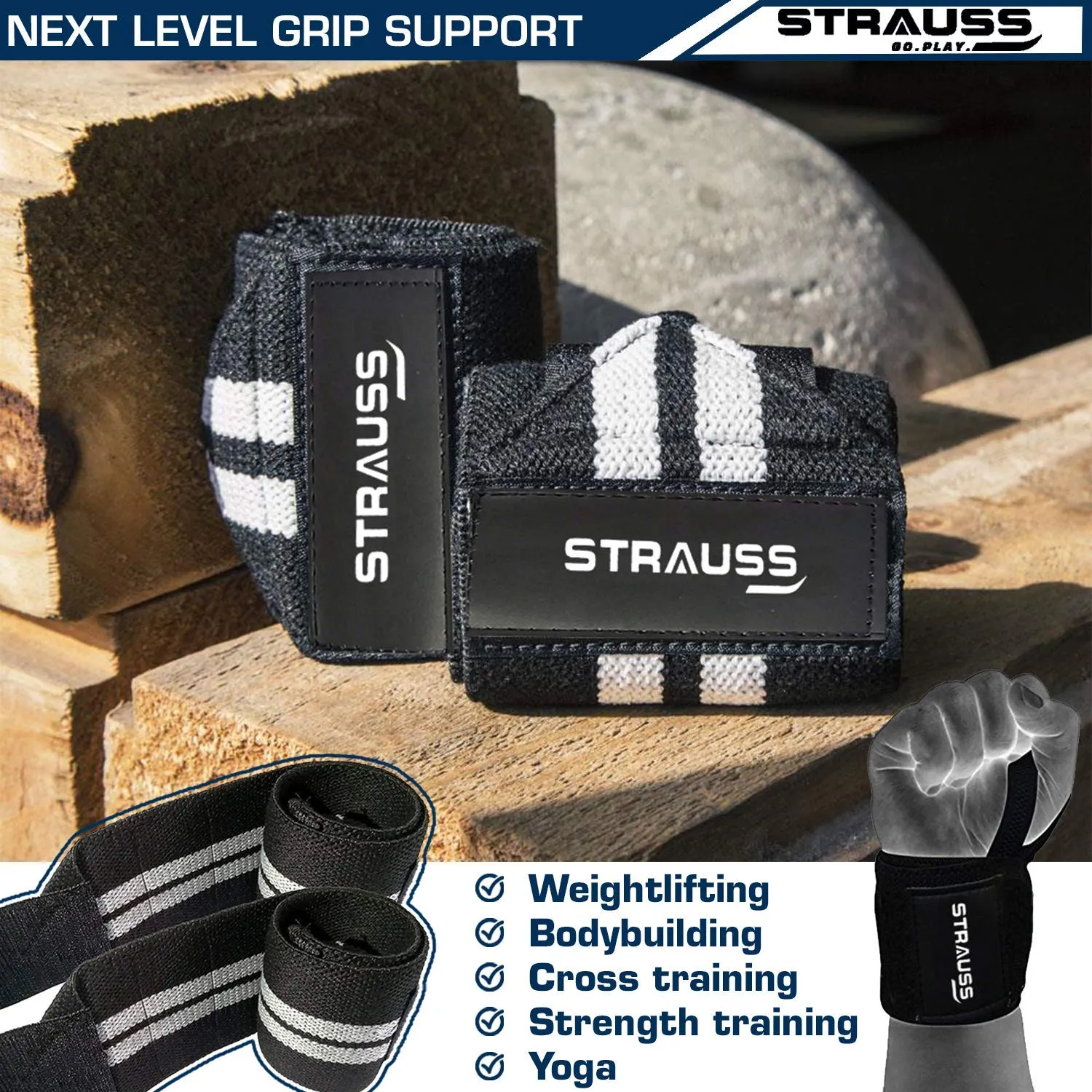 Strauss WL Cotton Gym Support, Pair (with Thumb Support) and Wrist Support, Free Size (Black)