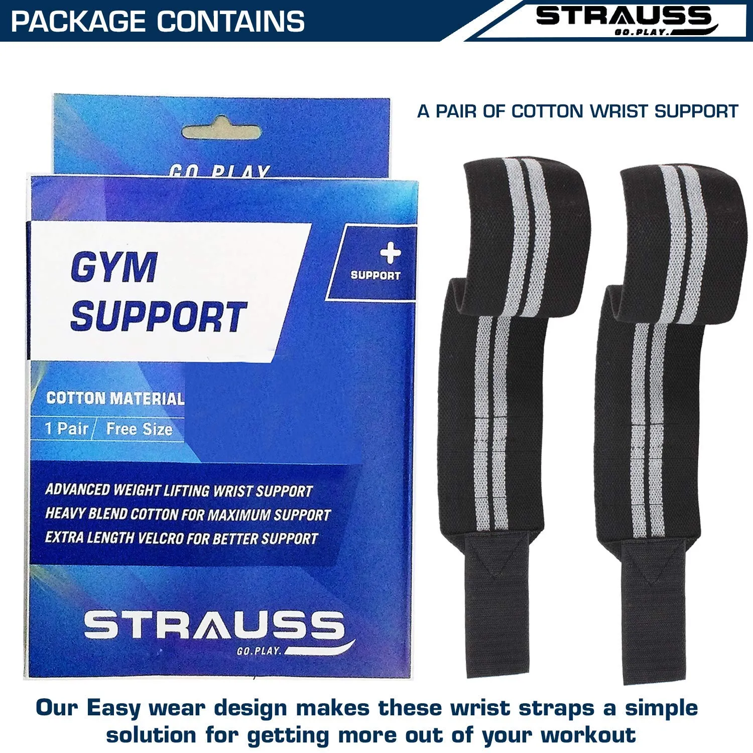 Strauss WL Cotton Gym Support, Pair (with Thumb Support) and Wrist Support, Free Size (Black)