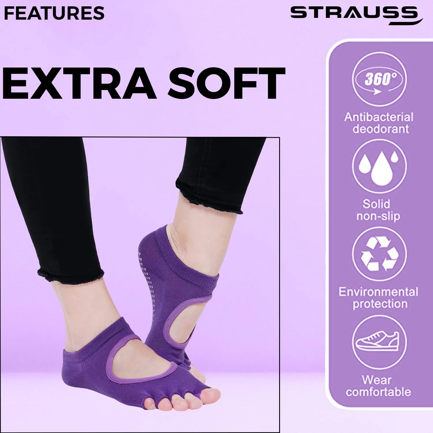 STRAUSS Women Yoga Socks | Anti Bacterial and Anti-Skid Yoga Socks | Suitable for Daily Use | Ideal for Pilates, Pure Barre, Ballet, Dance and Barefoot Workout,(Dark Purple)